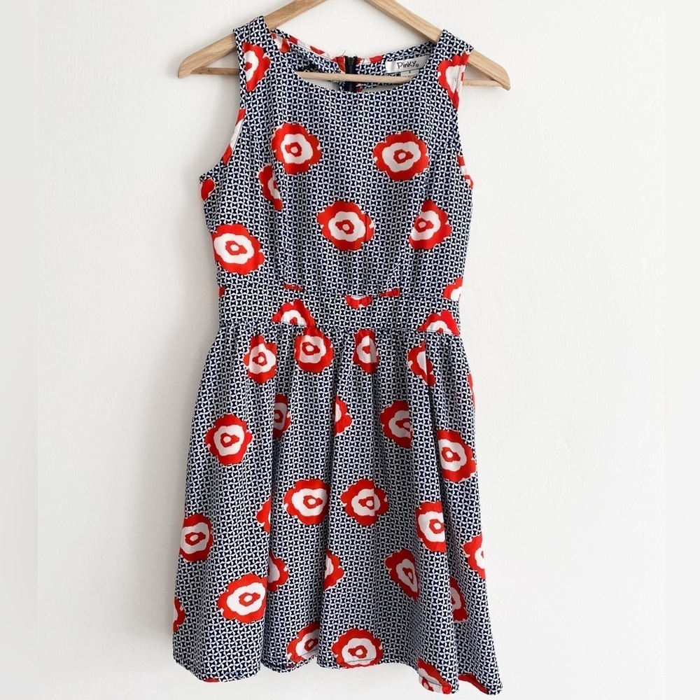Pinky Retro Floral Cut Out Dress, Size Small, Navy, White, Red - Picture 7 of 11